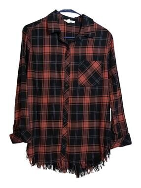 Beach Lunch Lounge Elyse Plaid Button Front Shirt Frayed Hem Size XS